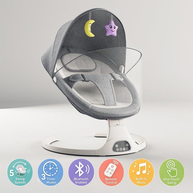 Elektrische Babywiege von Magic ZC mit Bluetooth Musik, Moskitonetz und Fernbedienung, Multifunktionaler Baby Schaukelstuhl in Grau - Bild 1