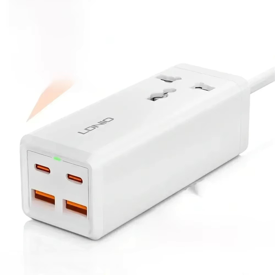 LDNIO Steckdosenleiste mit 65W Schnellladegerät, 4 USB-Anschlüsse (USB-A und USB-C) und 2m Verlängerungskabel, Weiß - Bild 1
