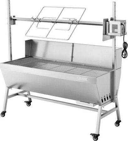 Buying Solutions MB Drehspießgrill aus Edelstahl mit 38W Motor für Holzkohle, 60 kg Kapazität und Rädern, Farbe: Silber