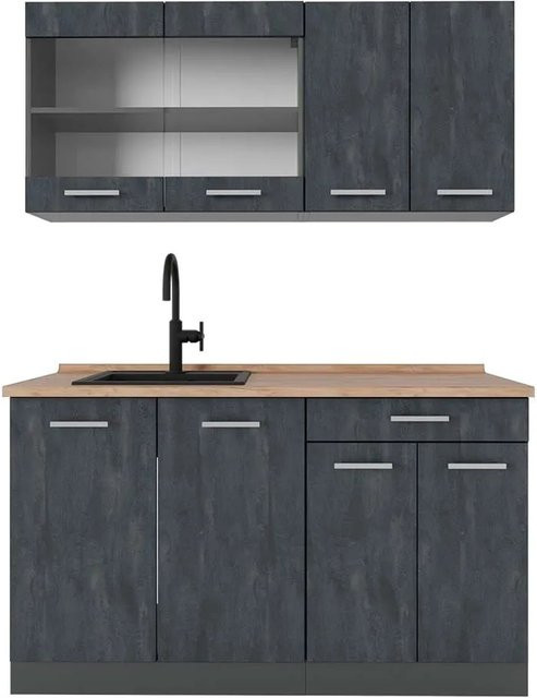 Vicco R-Line Singleküche Schwarz Beton Anthrazit mit Arbeitsplatte Eiche B: 140 cm, H: 81,6 cm, T: 60 cm - Bild 1