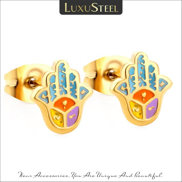 LUXUSTEEL Ohrstecker Edelstahl, Hamsa Hand, bunt, Unisex - Bild 1