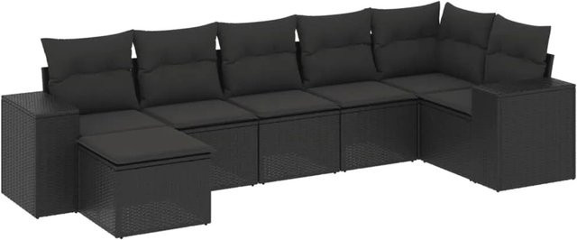 vidaXL 7-teilige Garten-Sofagarnitur in L-Form aus schwarzem Poly-Rattan mit Kissen und pulverbeschichtetem Stahlgestell - Bild 1