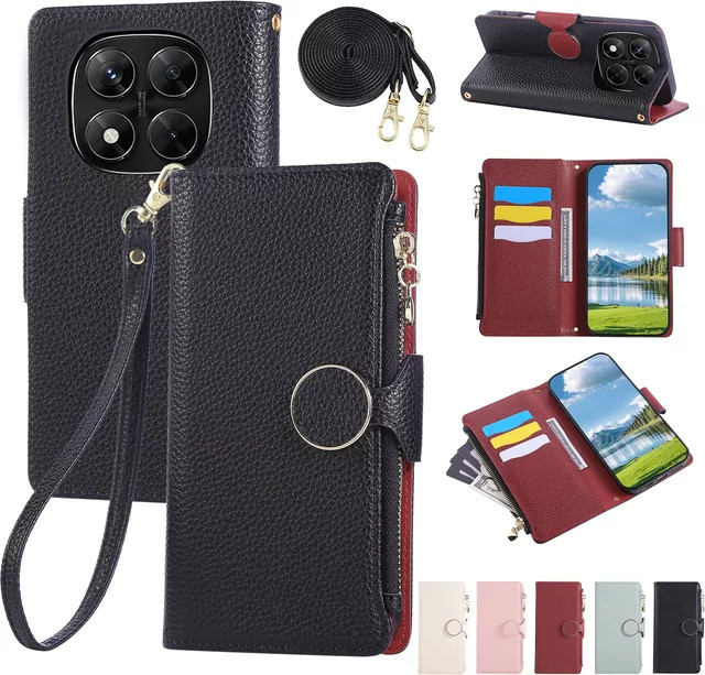 Xiaomi Umhängetasche mit Handschlaufe und Kartenhalter als Lederhülle für Redmi Note 12 13 14 Pro Plus 12R 13C 14C K80 in Pink - Bild 1