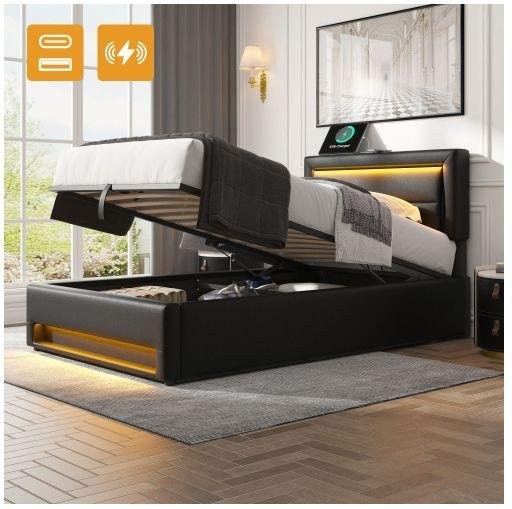 Gepolstertes MUVOE Bett in Schwarz mit USB-Anschluss, LED-Beleuchtung und integriertem Stauraum, B/T: 90 x 190 cm - Bild 1