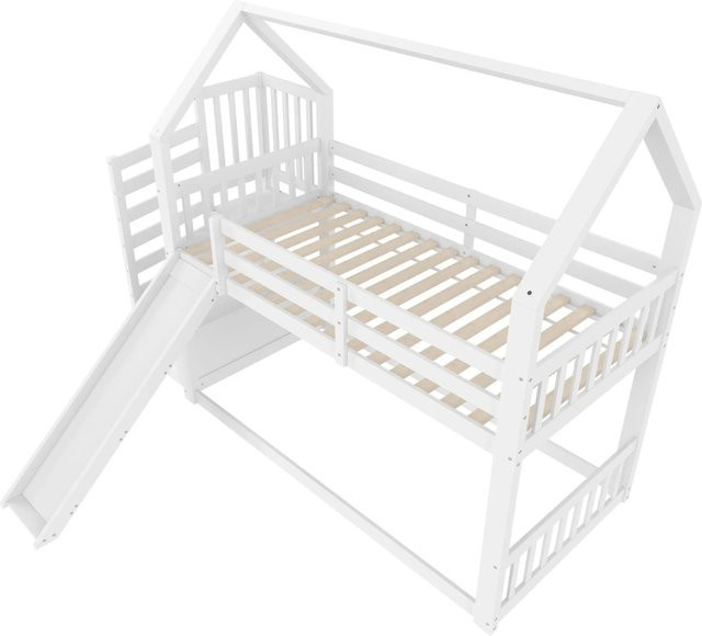KOMHTOM Etagenbett im Hüttenstil für Kinder mit Stauraumtreppe und Rutsche, Weiß, B/T/H: 90 x 200 x 175 cm - Bild 1
