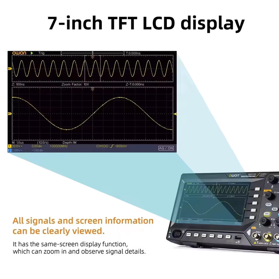 Digitales Oszilloskop OWON SDS200-Serie in Schwarz mit Dual-CH 100/200 MHz, 25 MHz Signalgenerator, FFT-Analyse und 6-stelligem Frequenzzähler - Bild 3