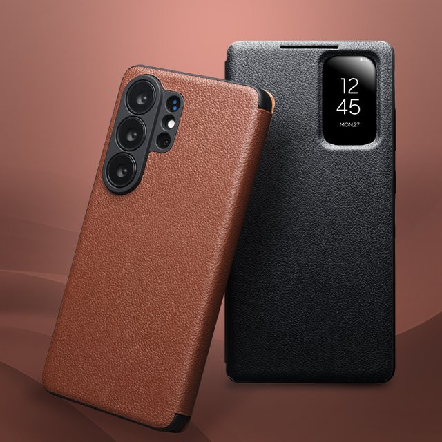 Qialino Echtleder Kartenfach Brieftaschenhülle für Samsung Galaxy S26 Ultra in Braun mit Sichtfenster und Chip-Smart-Cover - Bild 1
