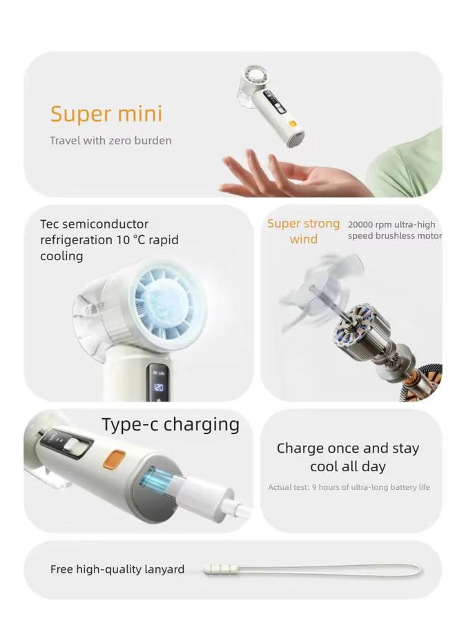 ORICO Handventilator mit Halbleiterkühlung und LED-Anzeige in Weiß, 3000 mAh, USB, tragbar, wiederaufladbar, Mini-Ventilator mit 120 einstellbaren Stufen - Bild 2