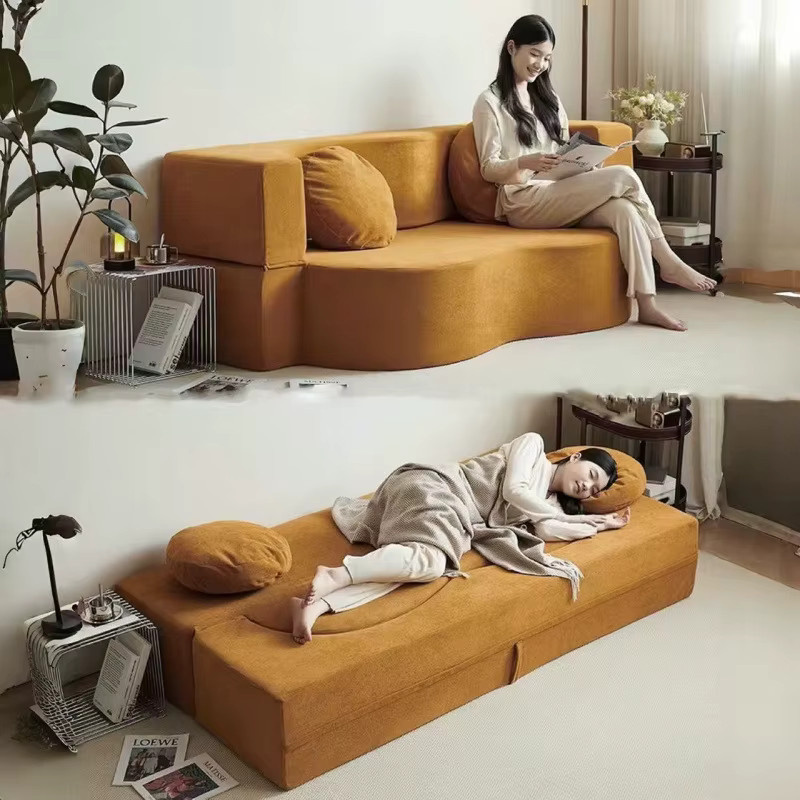 Modulares Schlafsofa von MOYU als umwandelbare Schlafcouch für dein Wohnzimmer mit Flanell-Polsterung in Braun und Orange inklusive Dekokissen - Bild 2