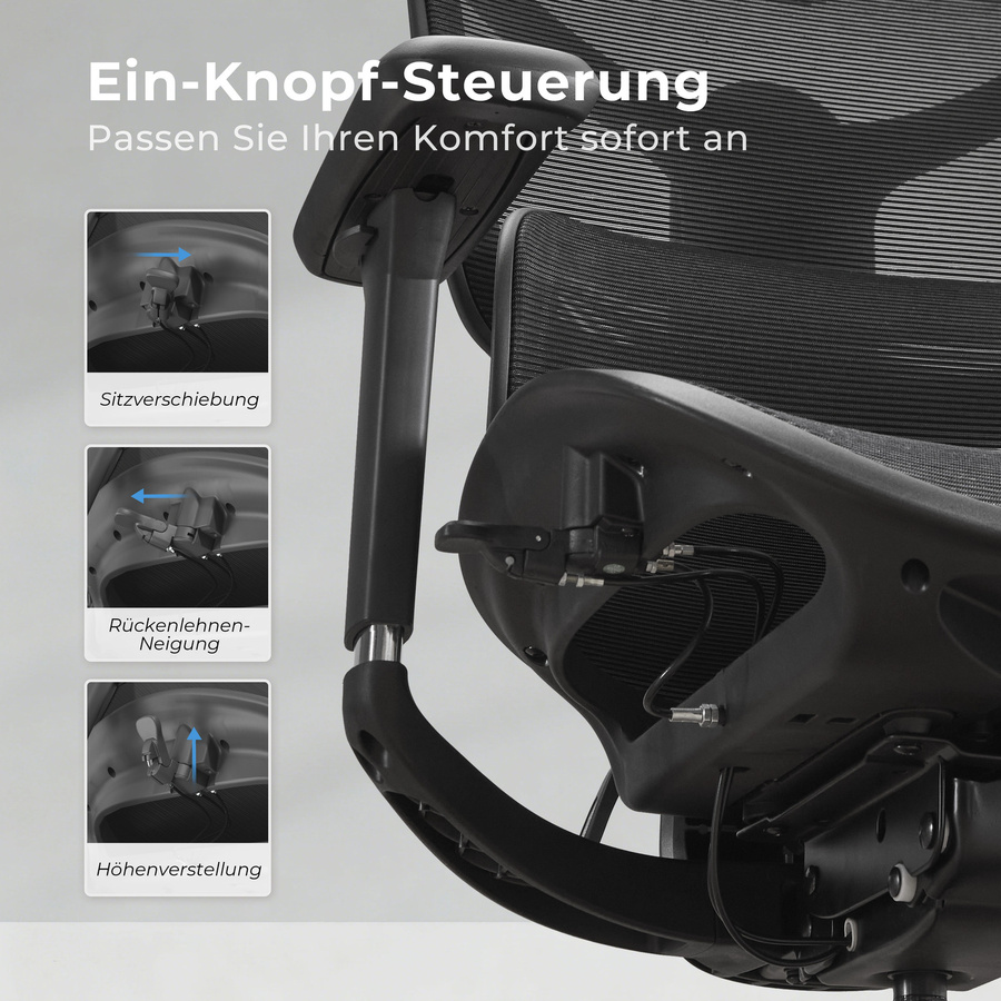WELAX S9 ergonomischer Bürostuhl in Schwarz mit Netzrücken, hoher Rückenlehne, Lendenwirbelstütze und 4-fach verstellbaren Armlehnen - Bild 2