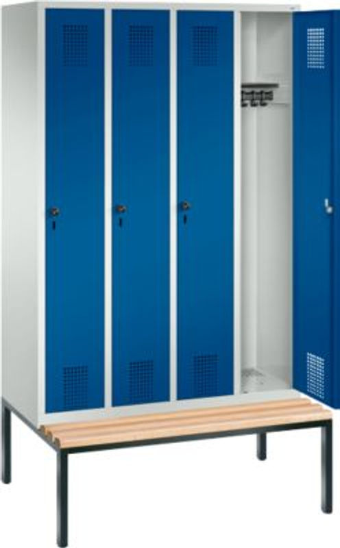 C + P Garderobenspind Evolo S 3000 aus Stahl mit integrierter Sitzbank, 4 Abteile mit je 300 mm Breite und Sicherheitsdrehriegelverschluss, Lichtgrau RAL 7035 und Enzianblau RAL 5010 - Bild 3