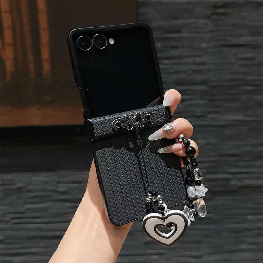 Leder Handyhülle mit Bead Handgelenkschlaufe für Samsung Galaxy Z Flip 7 6 5 4 3 FE, stoßfeste Hartschale Abdeckung in Schwarz oder Weiß - Bild 1