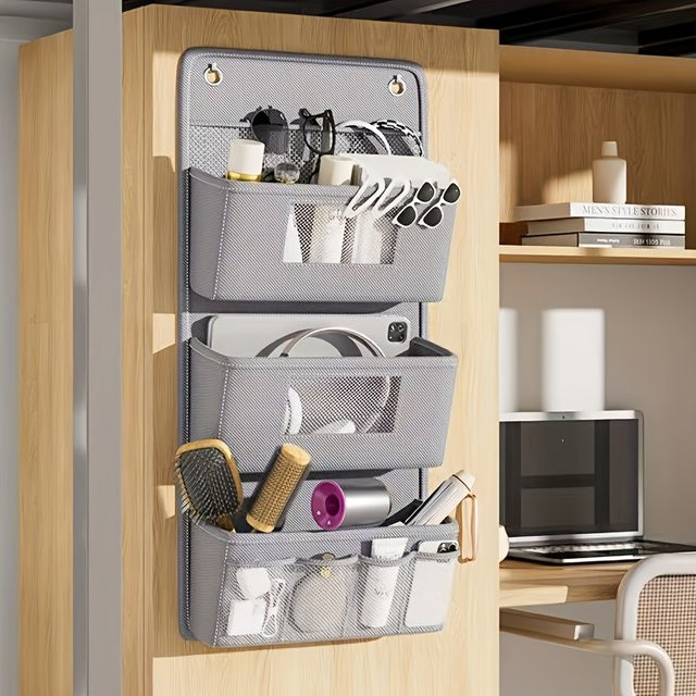 Grauer Wand-Aufbewahrungsorganisator aus Stoff mit mehreren Fächern und Sichtfenstern zur Wandmontage für Büro und Schrank - Bild 1