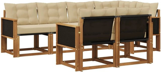 vidaXL Outdoor-Sofagarnitur L-Form aus Akazienholz mit 7 Textilene-Kissen in Natur und Beige - Bild 1
