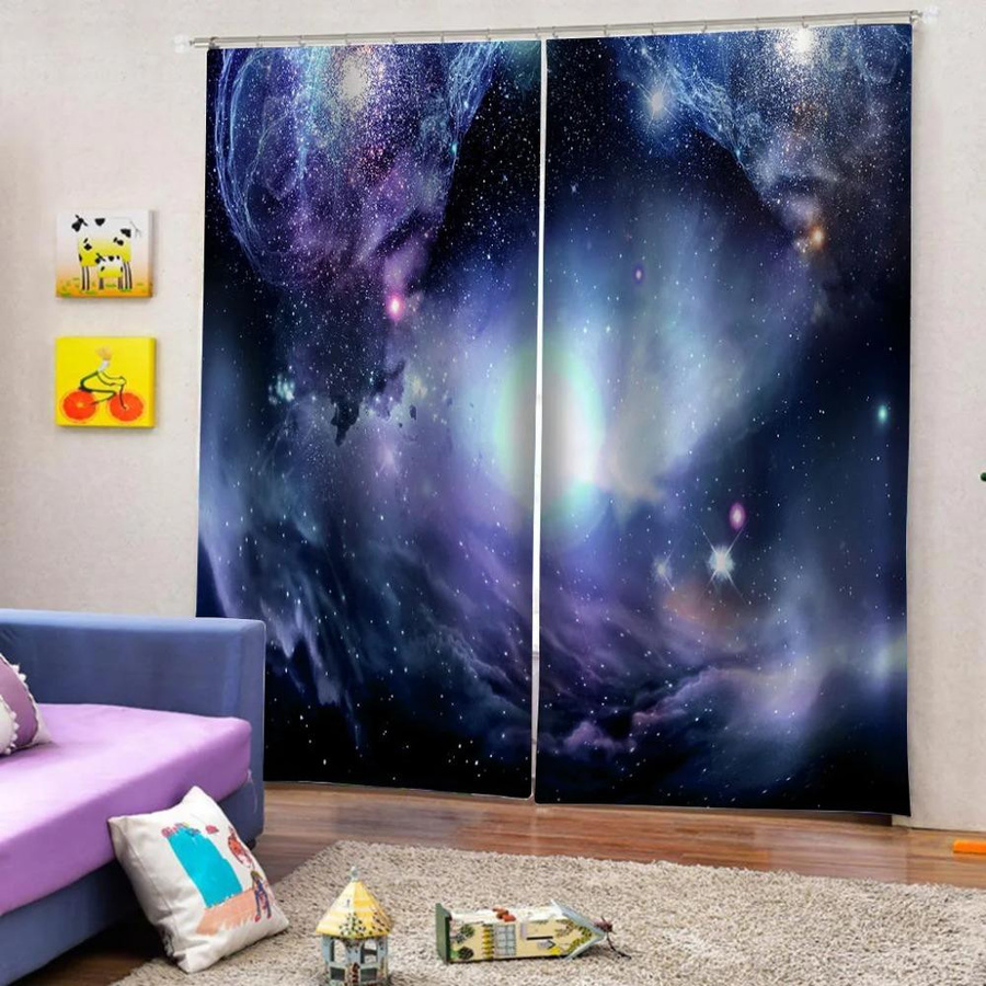 Yiran Furniture Weltraum-Galaxie Vorhänge mit Sternenhimmel-Druck, 2er-Set, halbtransparent, Polyester, Mehrfarbig, Breite: 100 cm, Höhe: 130 cm - Bild 3
