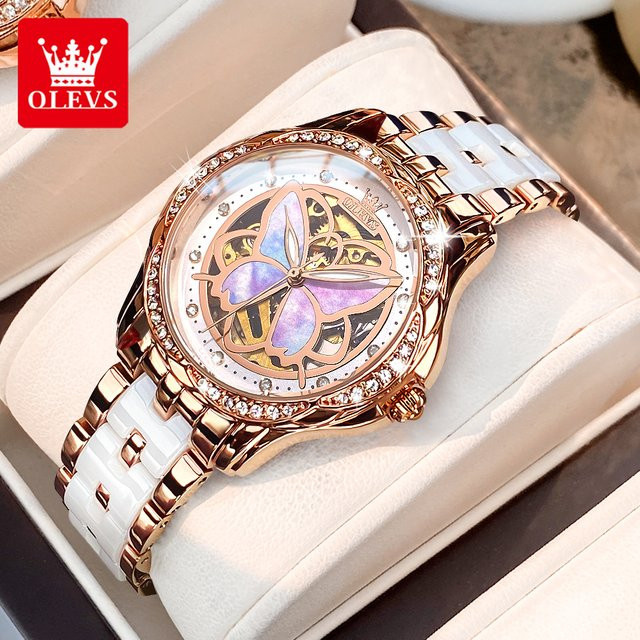 OLEVS Armbanduhr Automatik, Keramik, Roségold, Damen - Bild 1