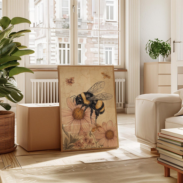 Vintage Wanddekoration SHENCHEN mit Hummeln auf Gänseblümchen als botanische Illustration in Mehrfarbig - Bild 1