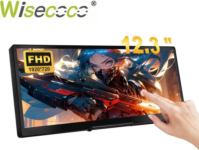 Wisecoco 12,3 Zoll Mini-Touchscreen-Display mit gestreckter Bar, IPS-LCD-Monitor in Schwarz, Auflösung 1920 x 720, HDMI und USB-C Anschluss für PC und Laptop - Bild 1