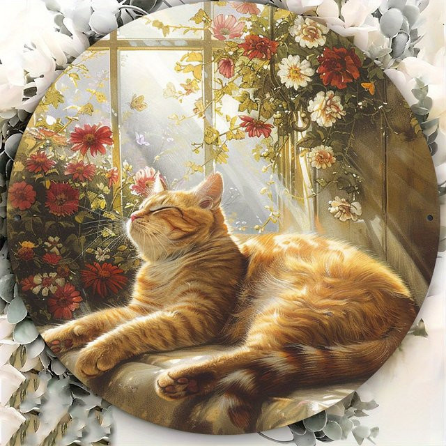 HELLOYOUNG Metallschild Ginger Tabby Cat in Sunlight mit floralem Motiv, rund, Mehrfarbig, Durchmesser: 20 cm - Bild 1