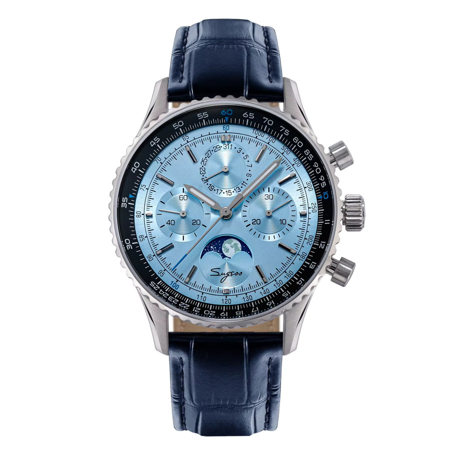 Sugess Chronograph, Automatik, Edelstahl, Blau, Leder, Herren - Bild 5