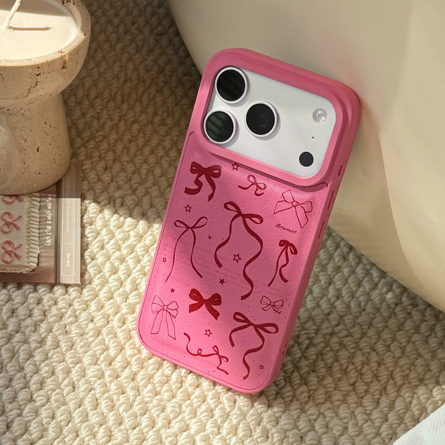 Potdemiel iPhone Schutzhülle mit roter Schleife und Ledertextur in Rot und Pink, stoßfeste Koreanische Vollbild-Handyhülle für iPhone 13 14 15 16 17 Pro Max - Bild 3