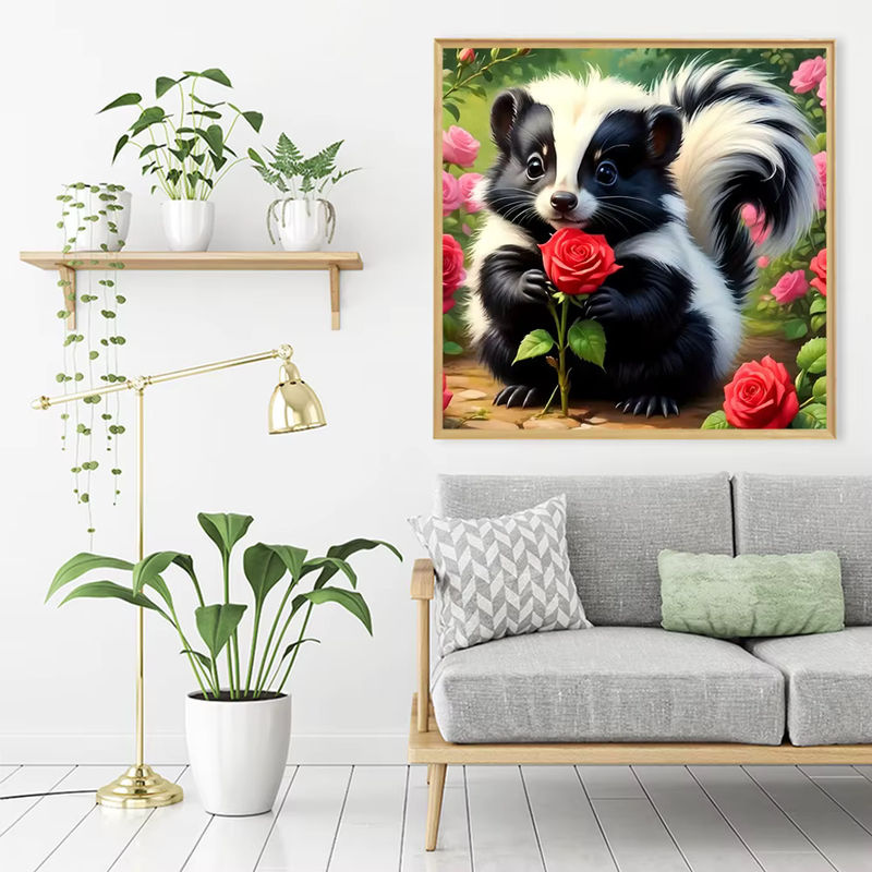 Huacan 5D Diamond Painting Set mit Stinktier und Rosen als Mosaik-Kunstwerk für die Wanddekoration - Bild 3