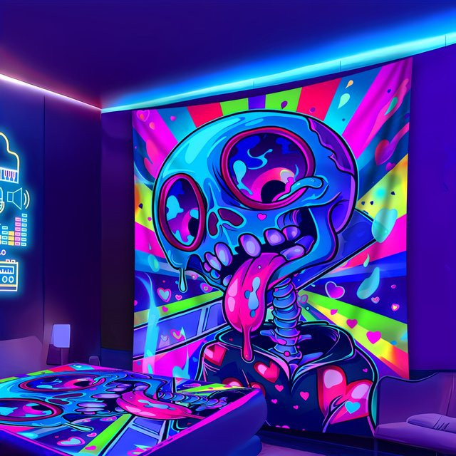 VIKAMA Wandteppich mit psychedelischem Totenkopf-Herz und Augapfel-Design in Multicolour, abstrakte Retro-Wanddekoration für dein Schlafzimmer oder Musiker-Studio, Breite: 40 cm, Höhe: 60 cm - Bild 1