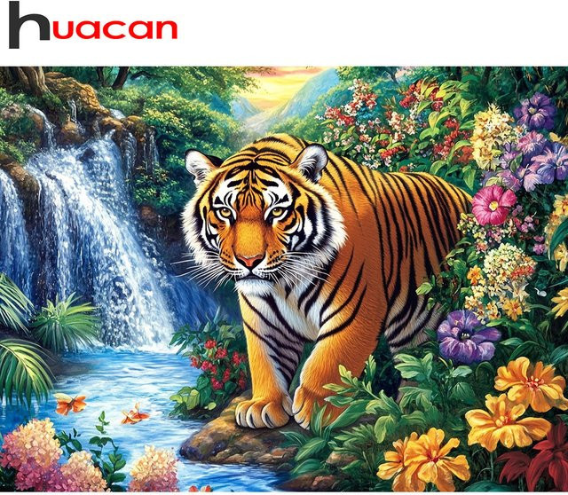 Huacan Diamantmalerei Tiger am Wasserfall als Diamant-Mosaik Set in Multicolor, B/H: 30 x 20 cm - Bild 1