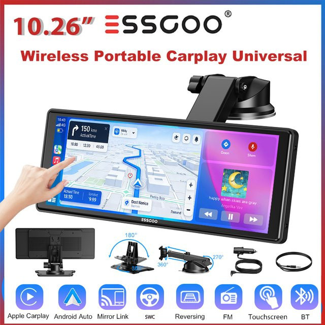ESSGOO Tragbares 10,26 Zoll Carplay Autoradio mit Android Auto, Bluetooth, WiFi, GPS und FM für Wohnmobile und LKWs, Schwarz - Bild 1