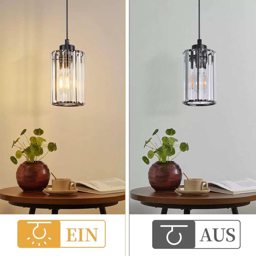 Moderne Kristall Pendelleuchte in Transparent mit schwarzem Metallgestell, 1-flammige Hängelampe für Esstisch, Wohnzimmer, Küche oder Schlafzimmer, E27 Fassung (ohne Leuchtmittel) - Bild 2