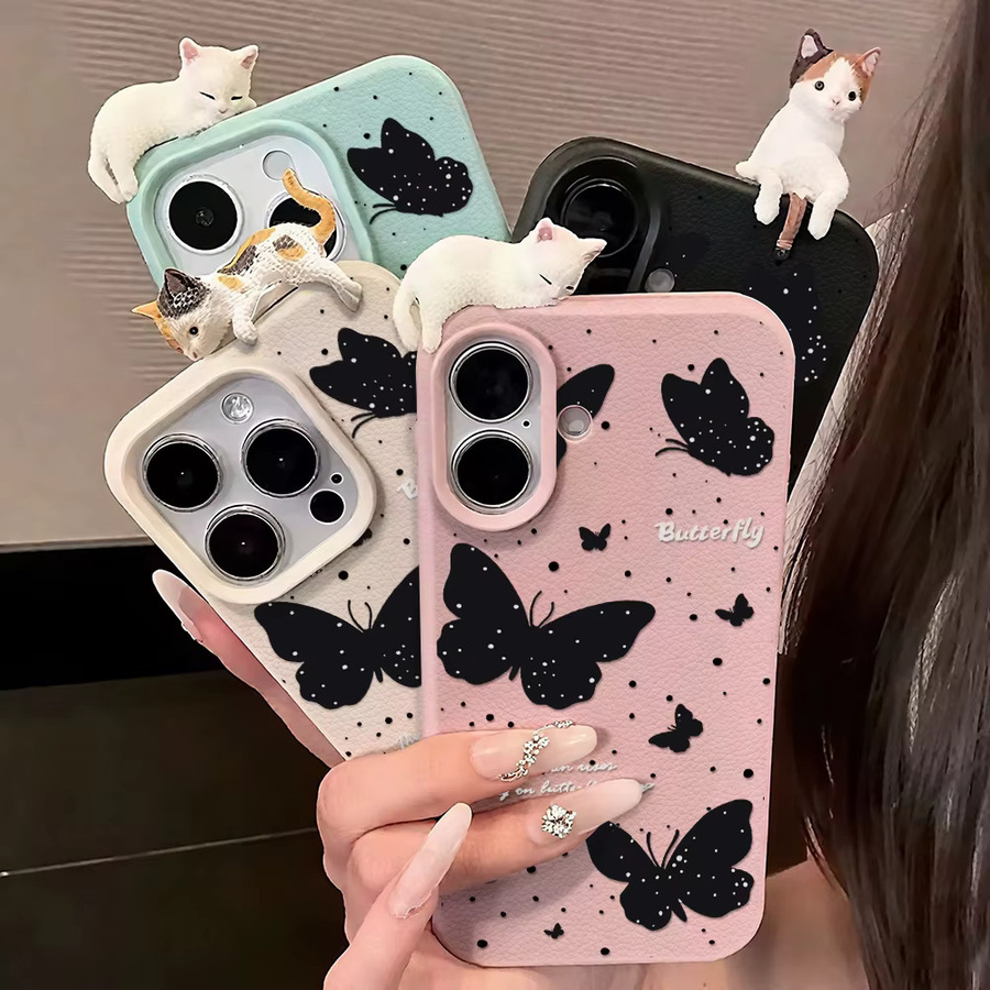 Schwarze Lychee-Ledertasche mit 3D Schmetterling und liegender Katze für dein Apple iPhone 11 12 13 14 15 16 17 Pro Max Plus und Air - Bild 6