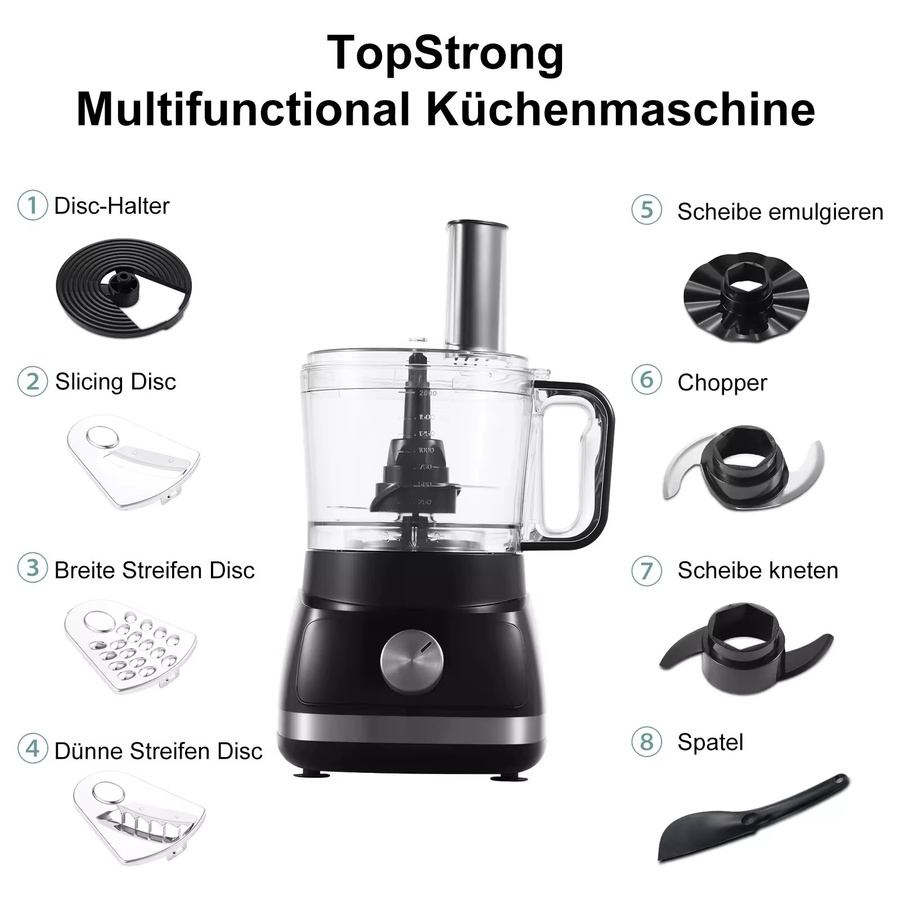 Topstrong 8-in-1 Fleischwolf Küchenmaschine mit 800W und 3 Geschwindigkeiten in Schwarz - Bild 2