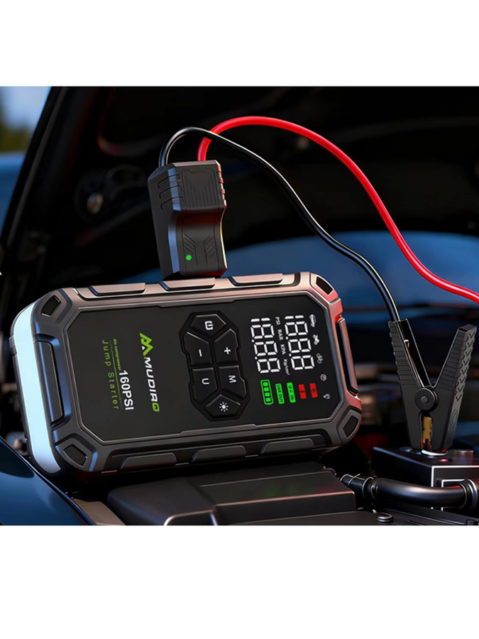 Mudiro Starthilfe mit Luftkompressor 6000A, 160PSI, LCD-Display, USB-C-Anschluss und LED-Licht, Schwarz - Bild 3