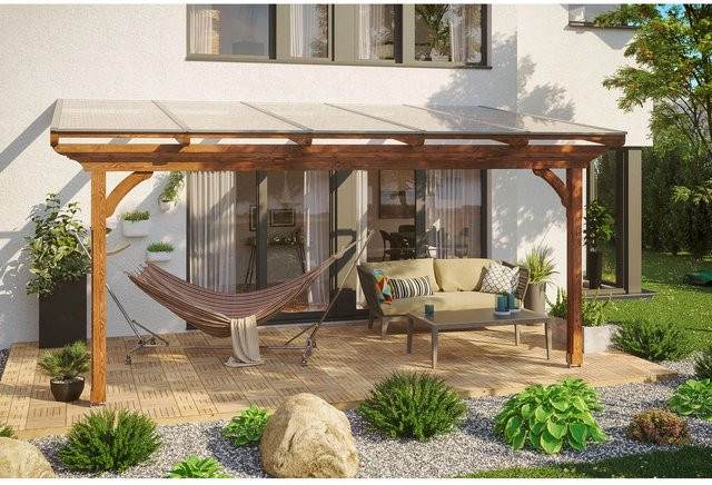 Skan Holz Terrassenüberdachung Ravenna aus Douglasie in Nussbaum Braun, B/T: 541 x 350 cm mit Polycarbonat Dach - Bild 1