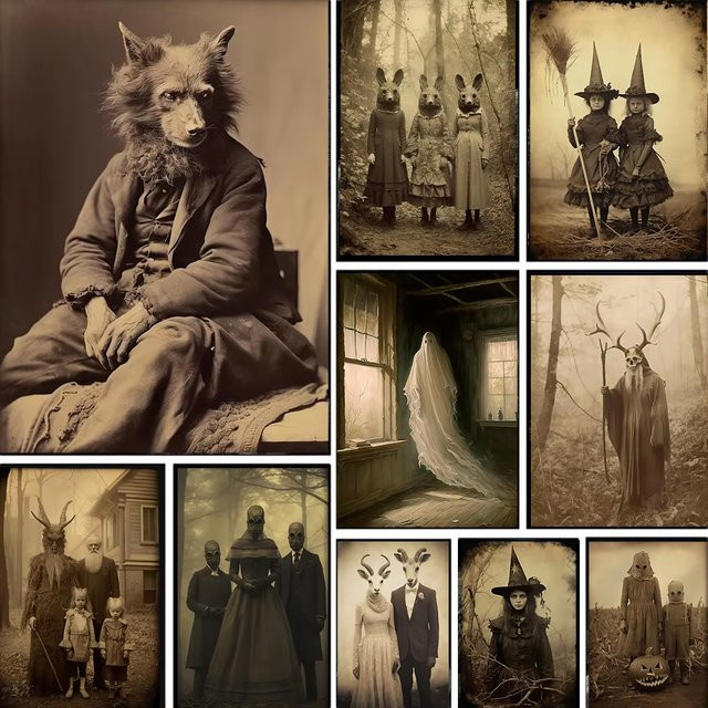 Potdemiel Dark Academia Kunst-Leinwandposter Halloween Motiv mit Geist, Hexe, Monster und Teufel in Multicolour - Bild 1