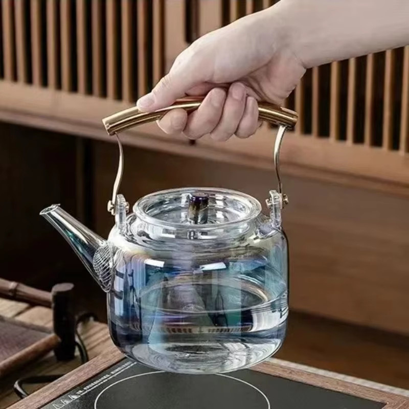 Wasserkocher aus Borosilikatglas mit buntem Griff in Transparent und Multicolour, Kräuterteekanne zur Warmhaltung - Bild 2