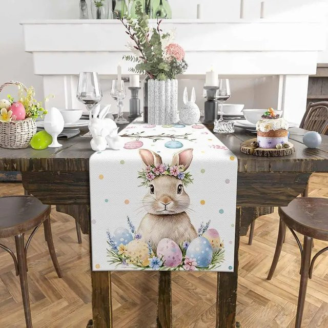 VIKAMA Osterhase Ei Tischdecke aus Leinen in Weiß, rustikale Frühlings-Dekoration für deinen Esstisch, rechteckig und maschinenwaschbar - Bild 1