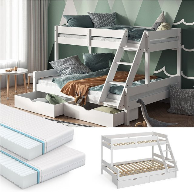 VitaliSpa Hochbett Everest Kinderbett aus Massivholz in Weiß mit Rollschubladen und Kletterfunktion, B/T: 140 x 200 cm - Bild 1