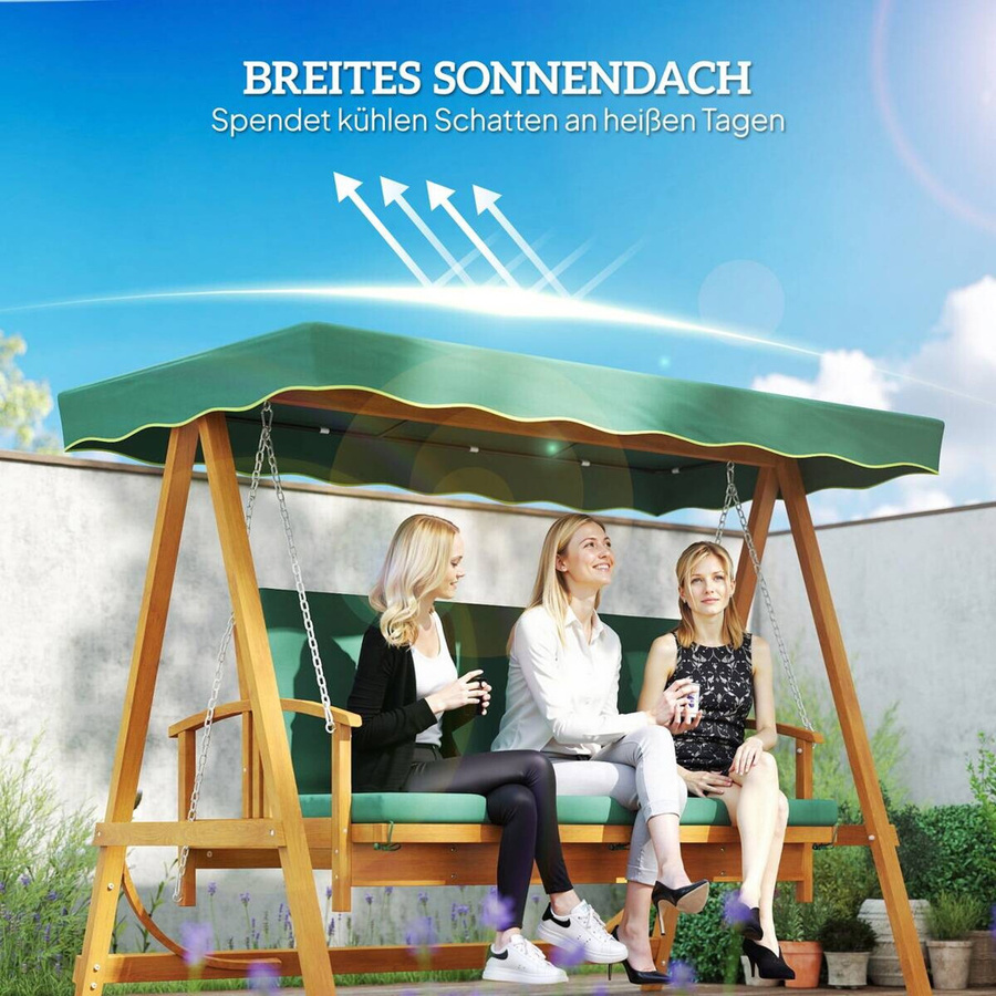 Outsunny Hollywoodschaukel aus Tannenholz mit Liegefunktion und Sonnenbaldachin, 3-Sitzer in Dunkelgrün, B/H/L: 130 x 236 x 300 cm - Bild 6