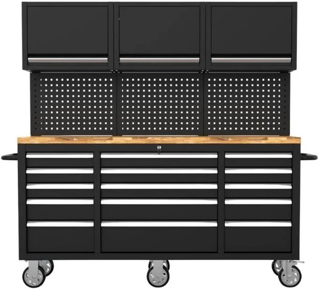 Galaflor Mobile Werkbank mit Lochwand, Oberschränken und Arbeitsplatte in Schwarz, Breite: 183 cm - Bild 1