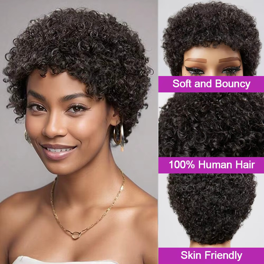 HJ WEAVE BEAUTY Pixie Cut Perücke, kurze Bob Perücke, lockiges Echthaar, Wasserwelle, Damen - Bild 2