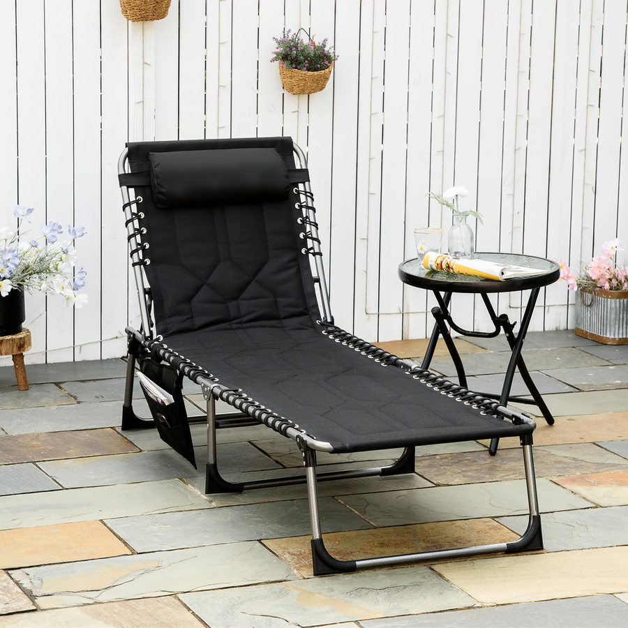 Outsunny Sonnenliege faltbar mit Kissen und 5-stufig verstellbarer Rückenlehne, Farbe: Schwarz, Material: Stahl und Oxford-Stoff, B/T/H: 188 x 57 x 30 cm - Bild 2