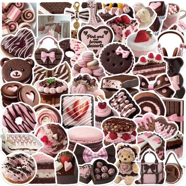 50-100 Stück Cartoon Dessert Graffiti Aufkleber in Rosa und Braun, wasserfeste dekorative Sticker für Notizbücher, Gitarren und Gepäck - Bild 1