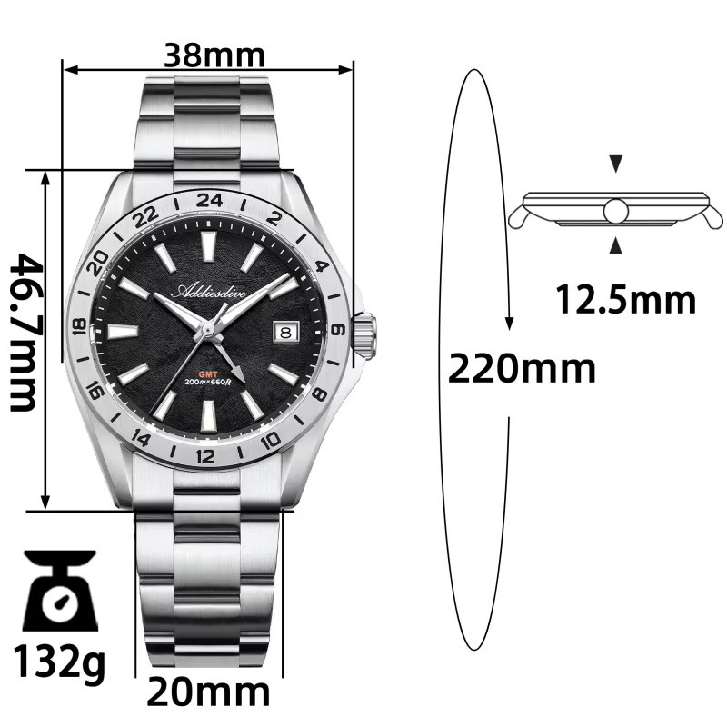 ADDIESDIVE Armbanduhr Edelstahl, Quarz, Schwarz, Herren, 20 ATM, Saphirglas - Bild 5