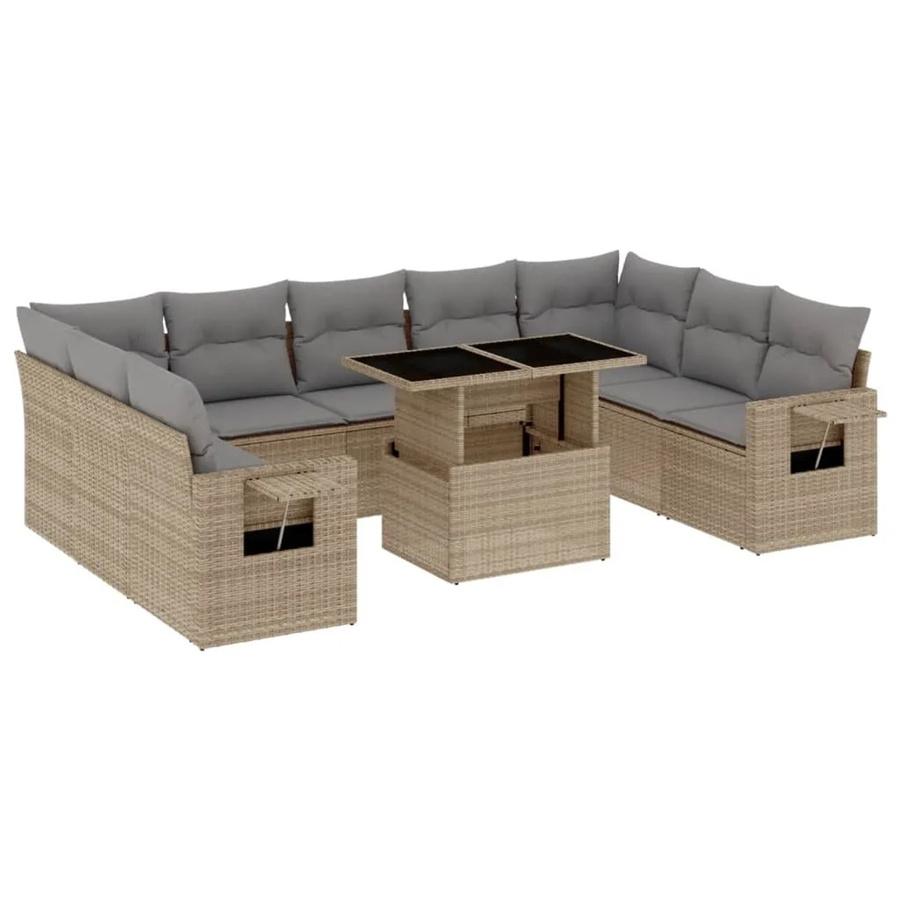 vidaXL 10-tlg. Garten-Sofagarnitur in L-Form aus Poly-Rattan mit Kissen, Beige - Bild 2
