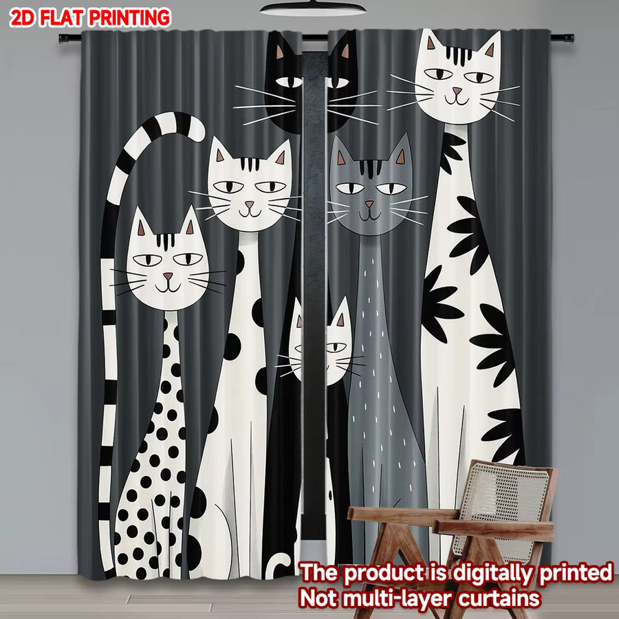 2er-Set Szenenvorhänge mit Cartoon-Katzen-Motiv, digital bedruckte Polyester-Vorhänge für den Innenbereich, Mehrfarbig - Bild 4