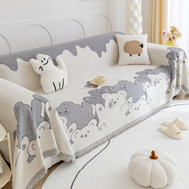 Super Six Sofatuch mit Cartoon-Bär und Quaste in Grau, rutschfeste Jacquard-Abdeckung aus Polyester, B/T: 180 x 130 cm - Bild 1