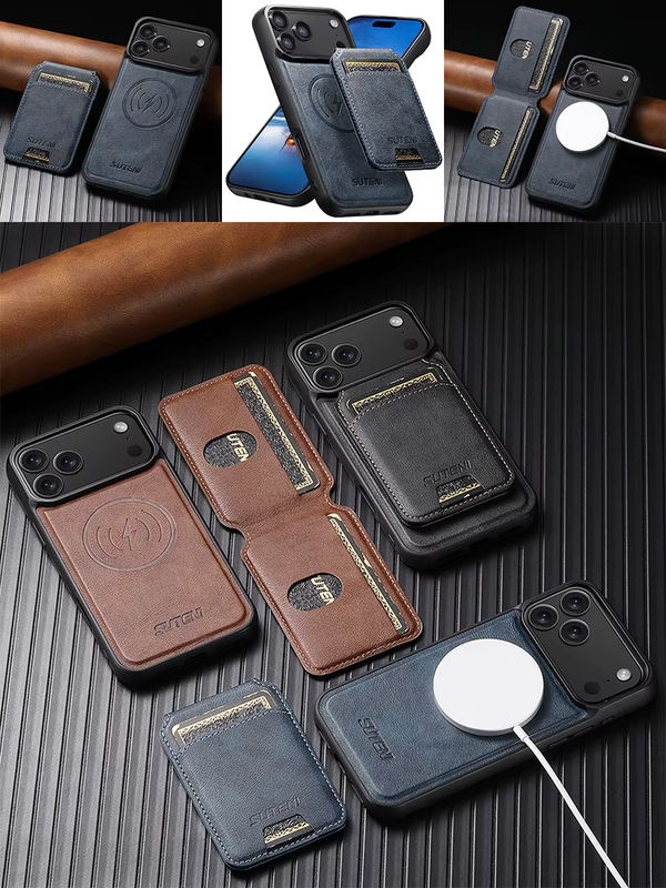 SUTENI 2-in-1 Magnet Kunstleder Handyhülle mit Kartenhalter und Ständer für iPhone 17 Pro Max 16 15 14 13 12, Farbe: Braun, Wireless Charging kompatibel - Bild 7