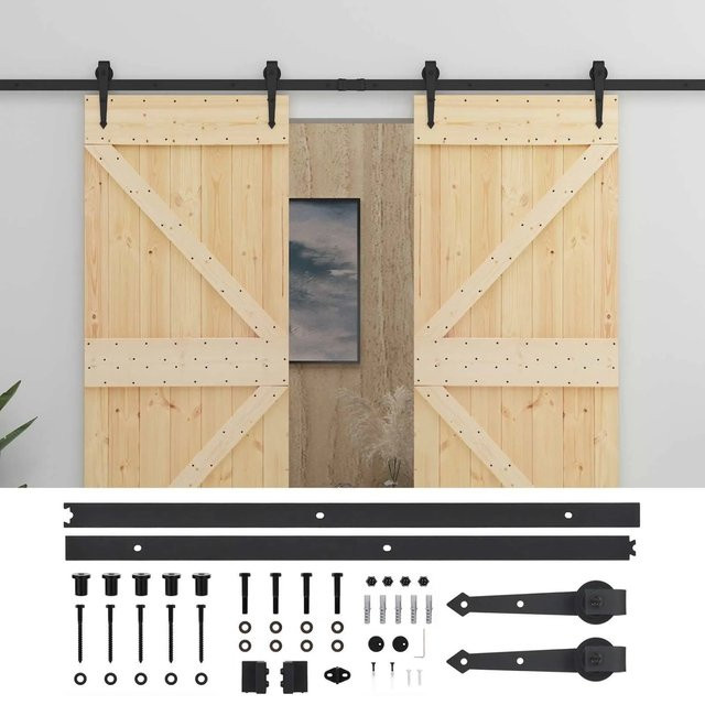 vidaXL Schiebetür Set aus massivem Kiefernholz in Natur und Schwarz, Höhe: 210 cm, Breite: 33,59 cm, Tiefe: 5,5 cm - Bild 1