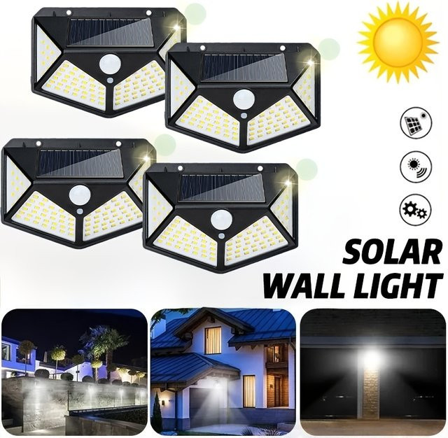 KDULIT Solar-LED-Wandleuchten mit Bewegungsmelder, 100 LEDs, wasserdicht, Schwarz, für Garten und Außenbereich - Bild 1